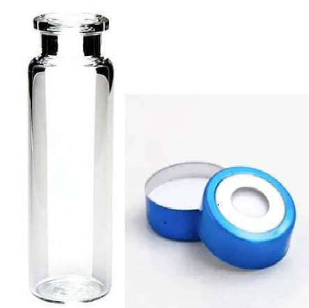 20 mL Vials, Headspace, Crimp, Round Bottom CLEAR   with   crimp seal Caps, BiMetal (magnetic), 20 mm, with PTFE/silicone septa [KIT of 100s]
